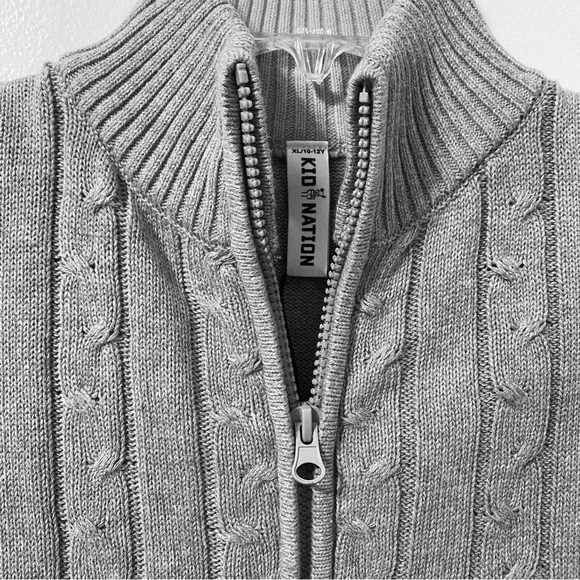 KID NATION boys’ cardigan full zip 100% cotton cable knit sweater gray XL - Picture 5 of 6